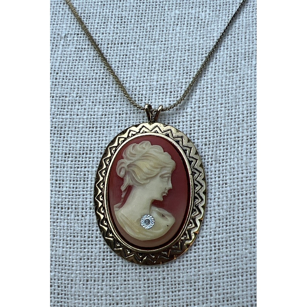 Vintage Gold Tone Cameo Pendant With Rhinestone Accent Rare Design!
